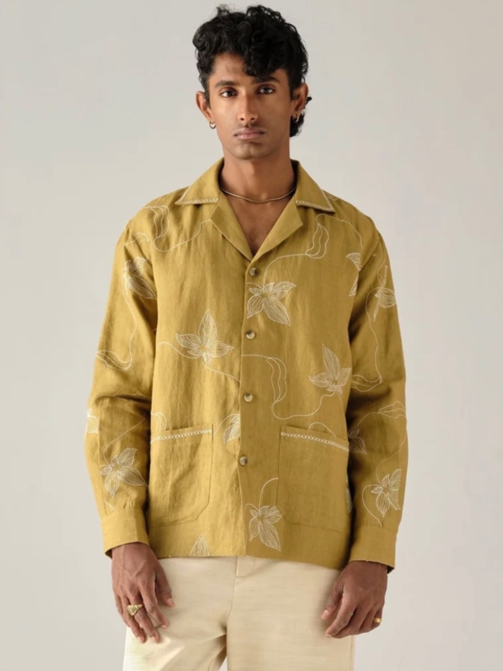CORD STUDIO India 'Bloomer' Embroidered Linen Floral Jacket in Mustard - S